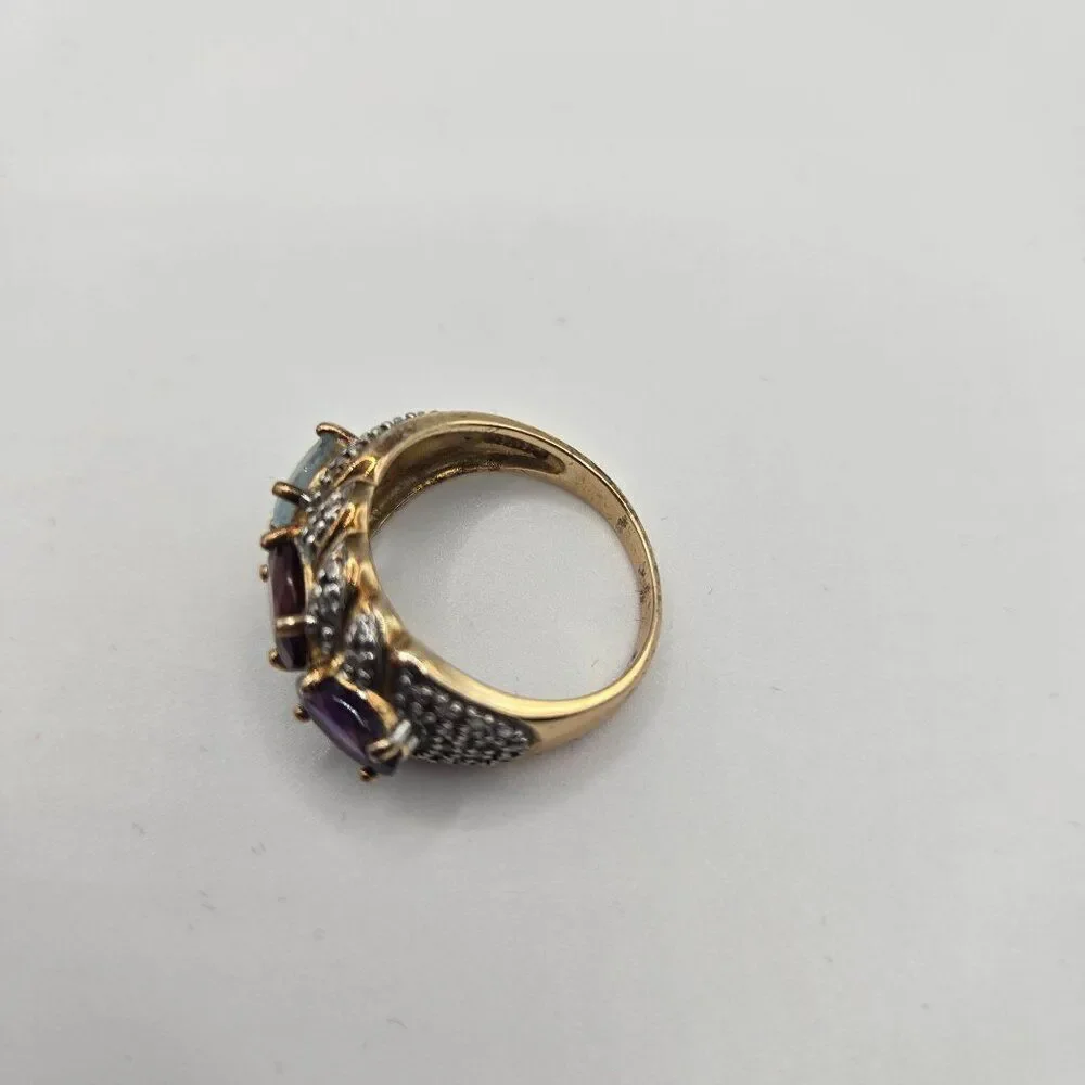 Gold Plated Sterling Silver Ring Sze 7 Amethyst Garnet Blue Topaz Diamond Accent